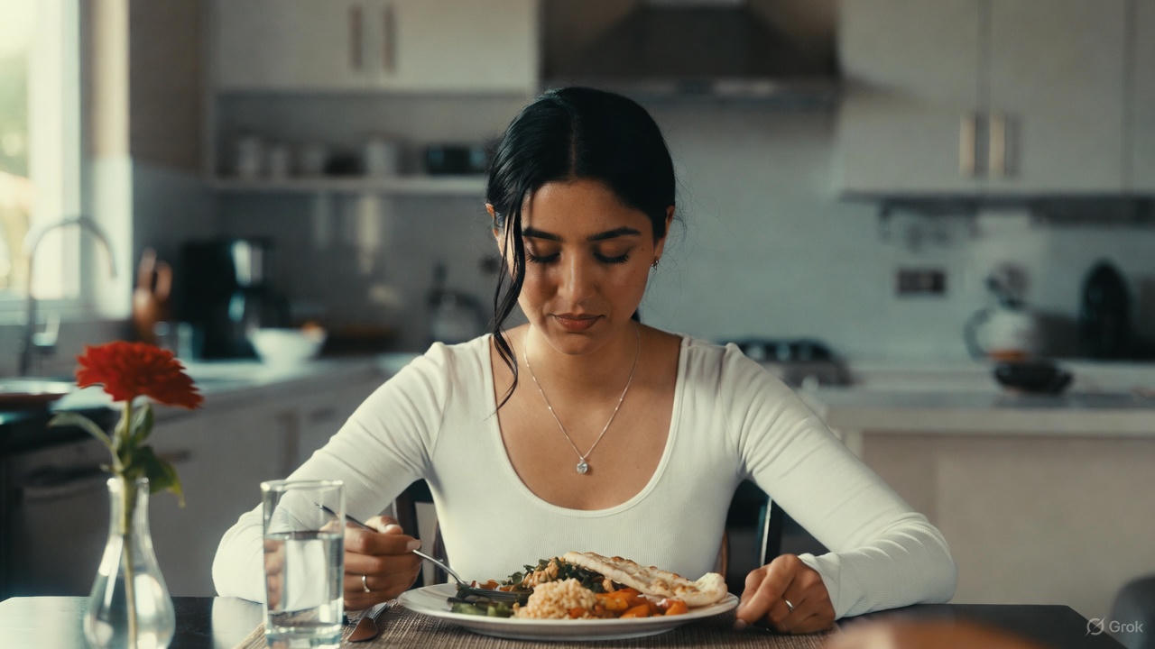 High-class Indian individual enjoying a calm, balanced meal in a modern kitchen, illustrating why meals aren’t giving you enough energy and how mindful eating supports steady energy levels